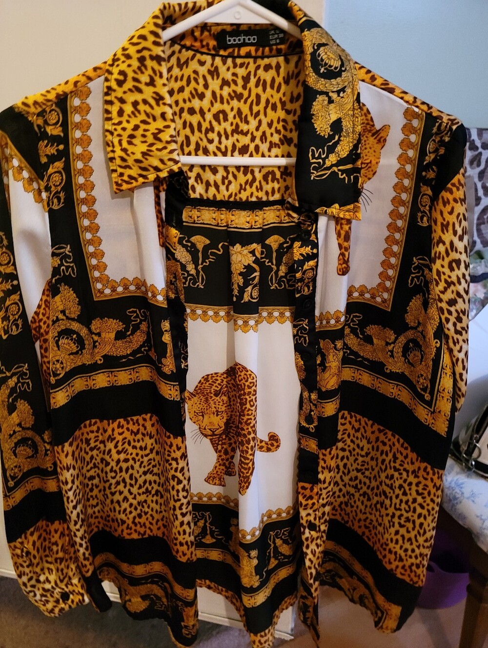 Boohoo Black and Gold Leopard Versace-looking Button-Down Satin Shirt